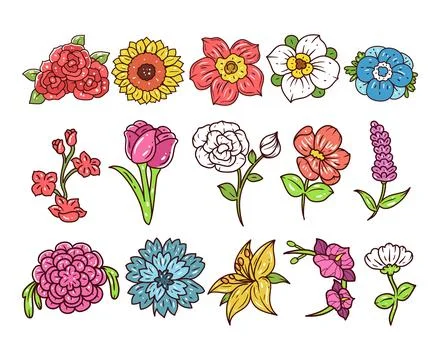 Set of spring flower element hand-drawn illustration 库存插图