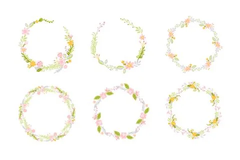 Set of Spring flower herbs wreath. Flat abstract Vector garden frame, woman day 스톡 일러스트