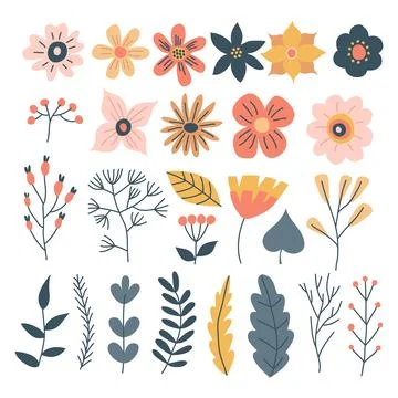 Set of Spring Flower Set Collection, Vintage Foliage with colorful floral B.. Stock Illustration