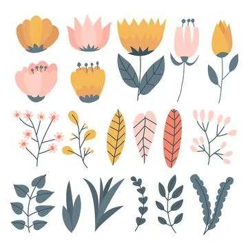 Set of Spring Flower Set Collection, Vintage Foliage with colorful floral B.. Stock Illustration