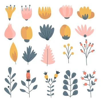 Set of Spring Flower Set Collection, Vintage Foliage with colorful floral B.. Stock-Illustration