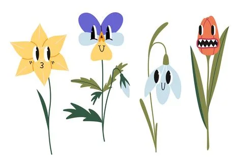 Set of spring flowers, comic cartoon characters. Trendy modern vector Stock Illustration