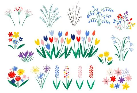 Set of spring flowers in a flat style isolated on white background. Elegant Stock Illustration