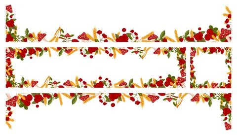 Set of spring horizontal frames with raspberries, cranberries and toadstool.. Illustrazione stock