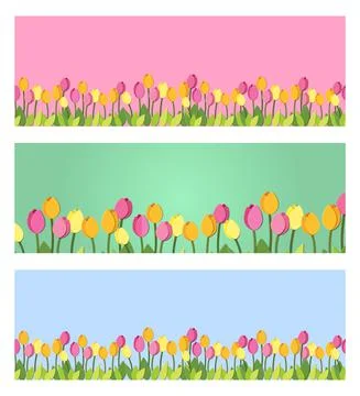 Set of spring paper cut tulips horizontal banners. Collection of banners with Stock Illustration