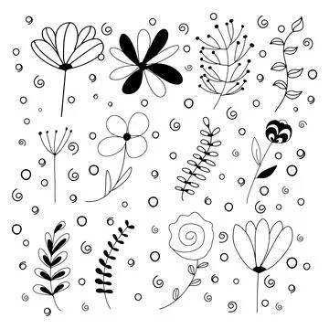 Set of spring plants and flowers doodle Stock Illustration