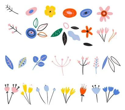 Set of spring plants in a flat style. Buds of wildflowers. Early spring forest Stock Illustration