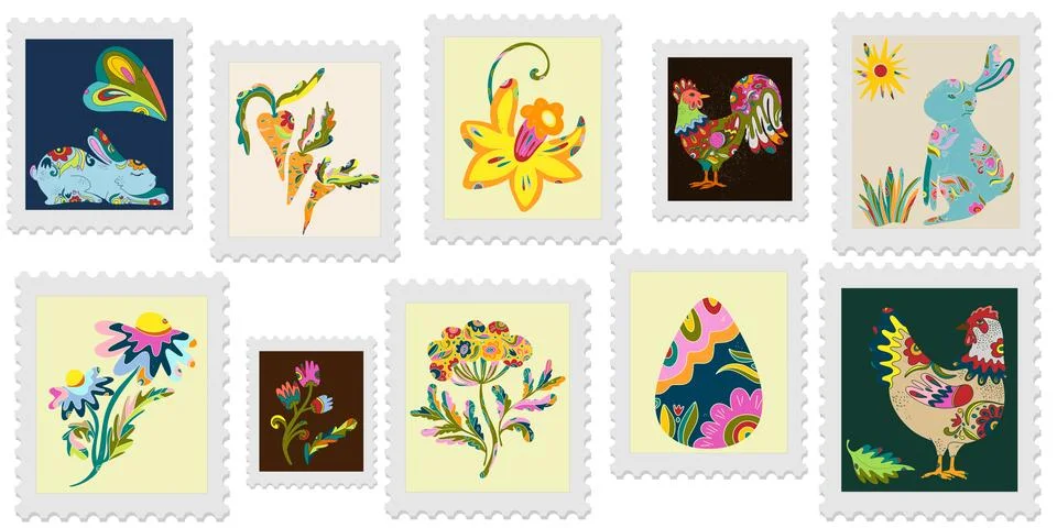 A set of spring postage stamps. Festive, vibrant Easter motifs in folk art st Ilustración de archivo