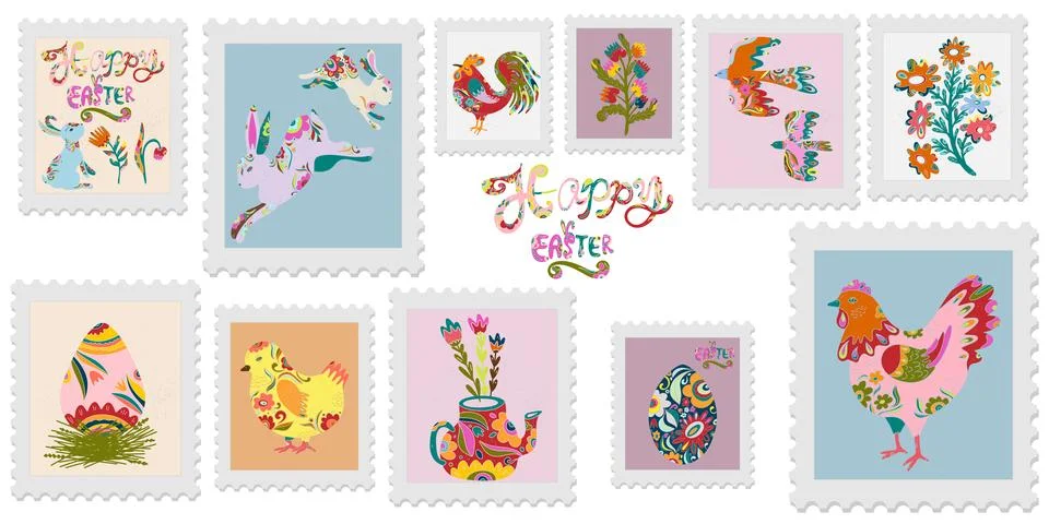 A set of spring postage stamps. Festive, vibrant Easter motifs in folk art st Ilustración de archivo