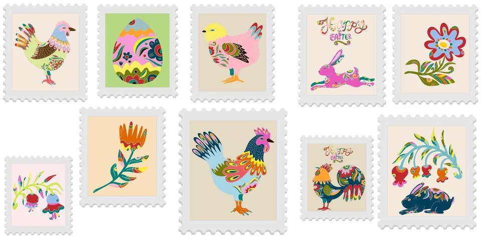 A set of spring postage stamps. Festive, vibrant Easter motifs in folk art st Ilustración de archivo