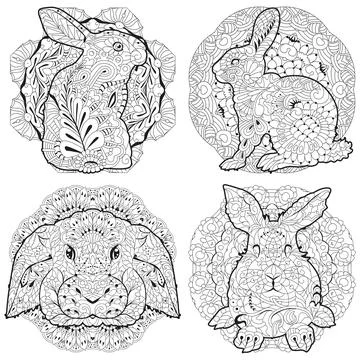 Set of spring rabbit on mandala. Easter background with creative cute bunny f Stockillustratie
