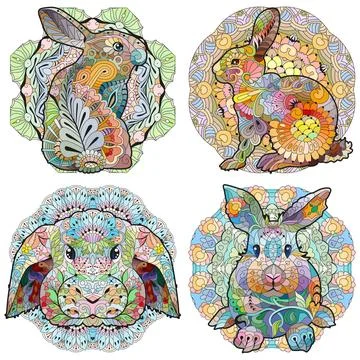 Set of spring rabbits on mandala for decoration. Colorful vector illustration Stock Illustration