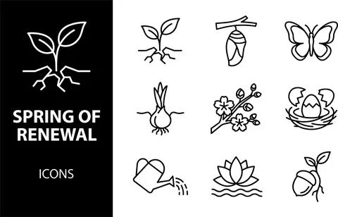 SET Spring of Renewal Icons collection featuring seedling, chrysalis, butte.. 스톡 일러스트