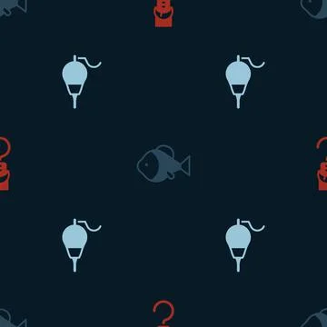 Set Spring scale, Fish and Fishing float on seamless pattern. Vector Illustrazione stock