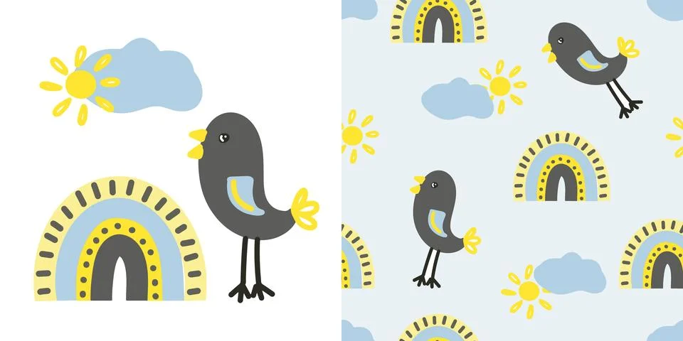 Set spring seamless pattern in cartoon style. Colorful childish doodle with Stock Illustration