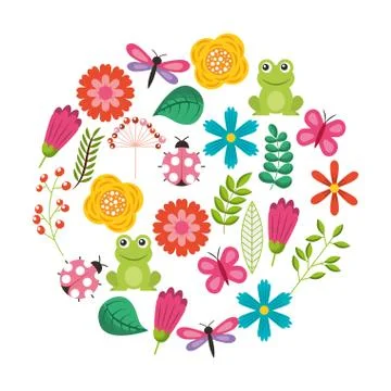 Set of spring theme nature flowers love birds butterflies ladybugs frog Stock Illustration