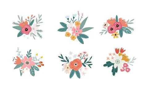 Set of springtime, summer bouquets made of tulips, roses, narcissus flowers and イラスト素材
