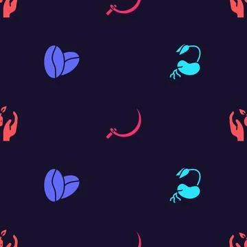 Set Sprout, Coffee beans, Sickle and Plant in hand on seamless pattern. Vecto 库存插图