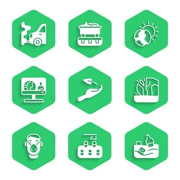 Set Sprout in hand, Deforestation, Problem pollution of the ocean, Glacier Stock Illustration
