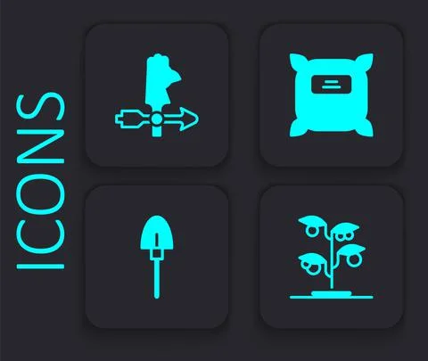 Set Sprout, Rooster weather vane, Pack full of seeds and Shovel icon. Black Illustrazione stock