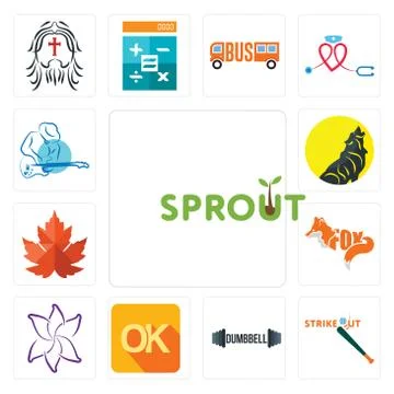 Set of sprout, strike out, dumbbell, , lily flower, maple leaf, s music icons Free Stock Illustration