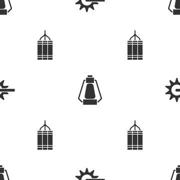 Set Spur, Camping lantern and Dynamite bomb on seamless pattern. Vector Illustrazione stock