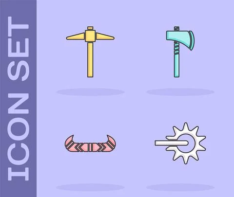 Set Spur, Pickaxe, Kayak or canoe and paddle and Tomahawk icon. Vector Stock Illustration