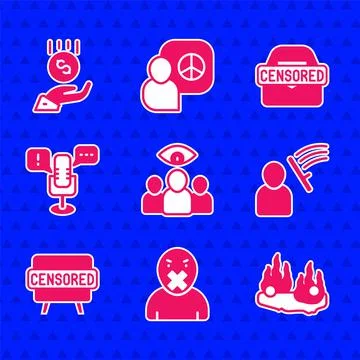 Set Spy, agent, Censor and freedom of speech, Burning car, Police beat human Ilustración de archivo