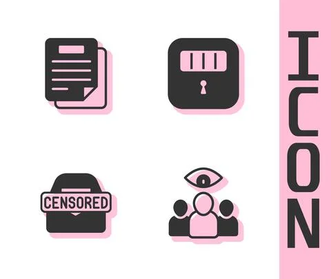 Set Spy, agent, Document, Censored stamp and Prison cell door icon. Vector 스톡 일러스트