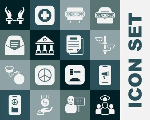 Set Spy, agent, Protest, Security camera, Censored stamp, Courthouse building Stock Illustration