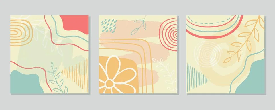 Set square abstract backgrounds with geometric and botanical elements Stock Illustration