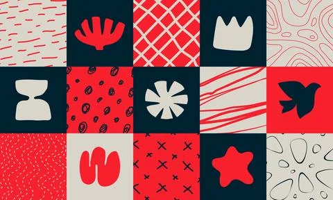 Set of square abstract geometric compositions, Hand drawn playful naive geo.. Stock-Illustration