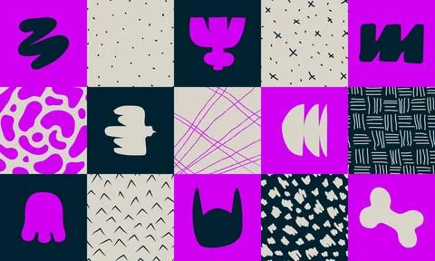 Set of square abstract geometric compositions, Hand drawn playful naive geo.. Illustrazione stock