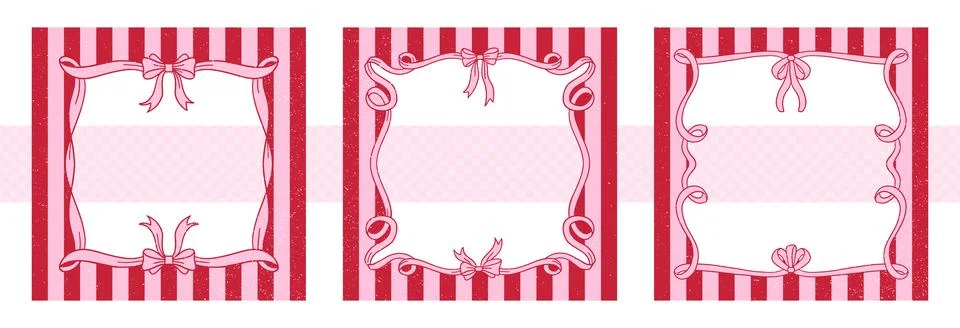Set of square aged grunge texture frames with bow on striped background. Hand Illustration