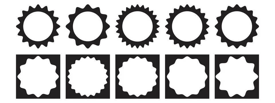 Set of square and circle wave scalloped edge frames. Squiggle photo borders.. Stock Illustration