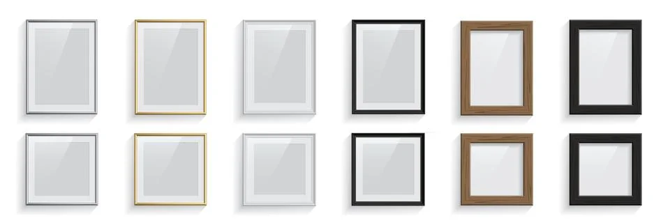 Set of square and rectangle picture or photo frames set isolated on white Illustrazione stock