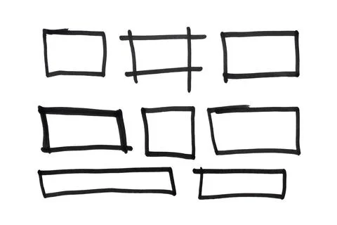 Set of  square and rectangle shapes drawn with black marker pen on isolated w Stock Photos