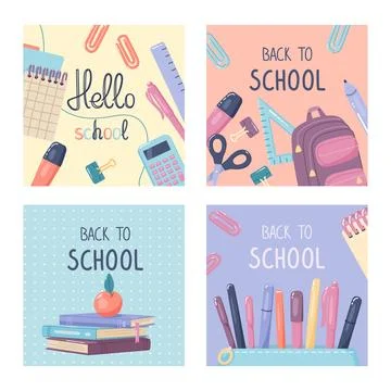 Set of square backgrounds back to school for social media. Bright designs on the Stock Illustration