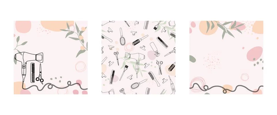 A set of square backgrounds with barber tools. Silhouettes, black contour hair Stock Illustration