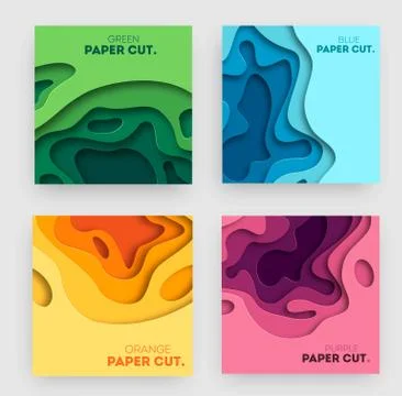 Set of square banner templates with paper cut shapes. White modern abstract Stock Illustration