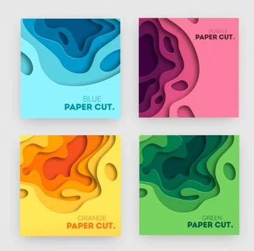 Set of square banner templates with paper cut shapes. White modern abstract Stock Illustration