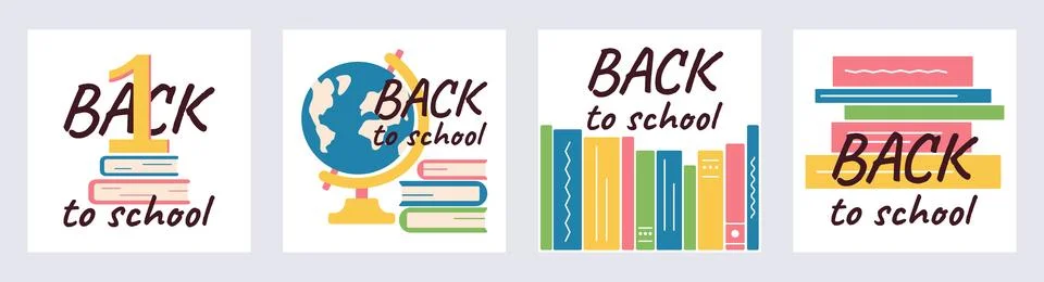 Set of Square Banners Back to School with textbooks. Gold unit, Globe and stack Stock Illustration