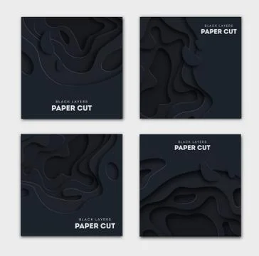 Set of square black banner templates with paper cut shapes. White modern Stock Illustration