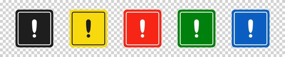 Set of square black, yellow, red, green and blue road signs with exclamation  Stock Illustration