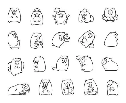 Set of square capybara cute kawaii characters Stock Illustration