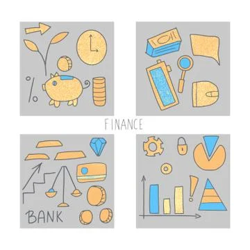 Set of square cards with finance elements. Business concept. Vector color ill 스톡 일러스트