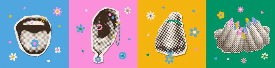 Set of square cards with halftone collage stickers of lips, ears, and hands with Stock-Illustration