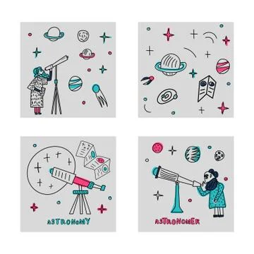 Set of square cards. Vector design of astronomer and astronomic objects. 스톡 일러스트
