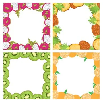 Set of square colored frames composed of delicious fruits. Stock Illustration