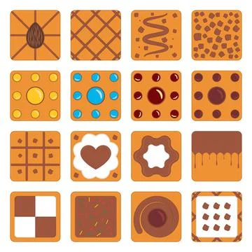 Set of square cookies with caramel, chocolate, nuts and various fillings. Stock Illustration